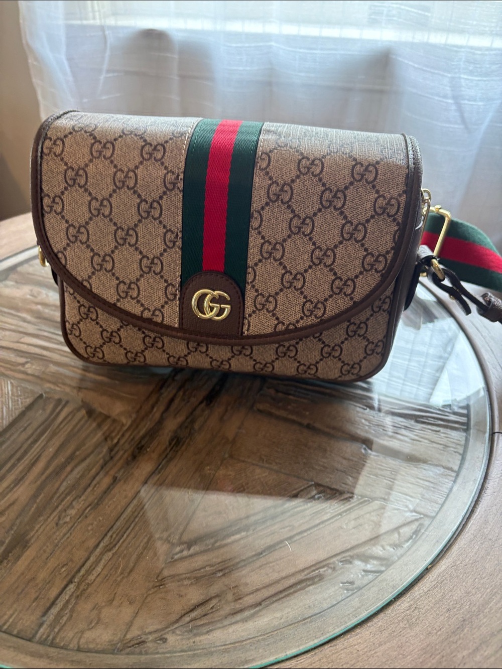 Brown Canvas Crossbody with Green-Red Web Stripe